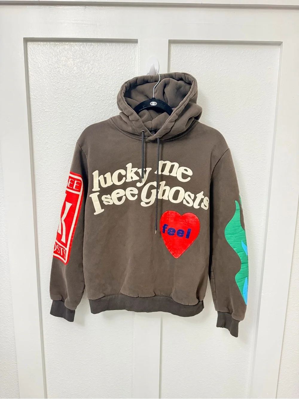 Cactus Plant Flea Market Black Hoodie with Pink Heart and Green Flame Sleeves